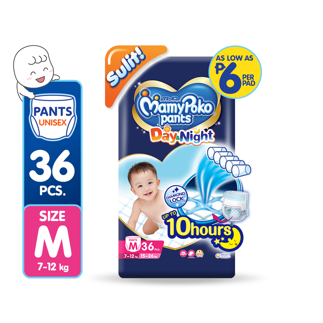 MAMYPOKO Day and Night Baby Disposable Diaper Pants Unisex Medium 36 pcs