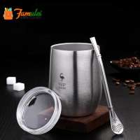 Famulei Christmas Gift SSGP 304 Stainless Steel Coffee Tea Cup with Cover and Spoon type Straw 400ml