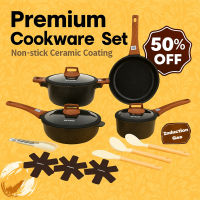 Gaoboos Non Stick Granite Stone Cookware Set 14 Pcs Induction Base Frying Pan Kawali Wok Die Cast Durable Kitchenware