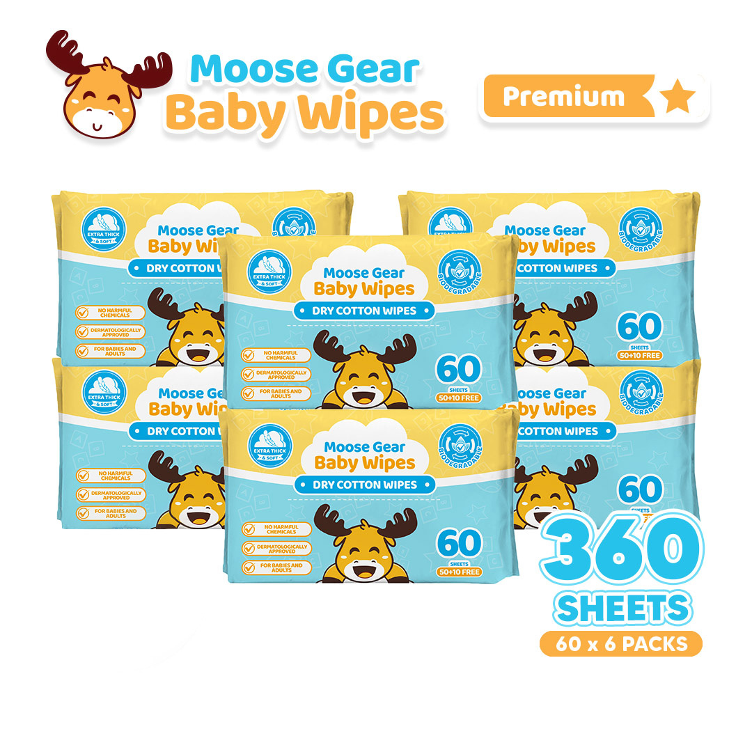 Moose Gear Baby Dry Wipes Premium 360sheets 6PACKS Thick & Soft Cotton