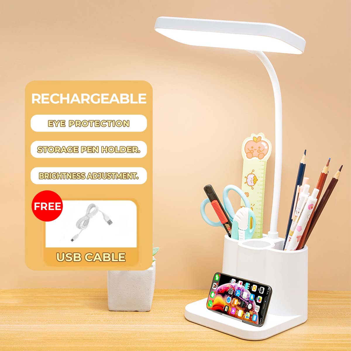 USB Rechargeable Lamp Shade LED Desk Lamp With Pen Holder Study Light For Bedroom Dim Reading Lamp