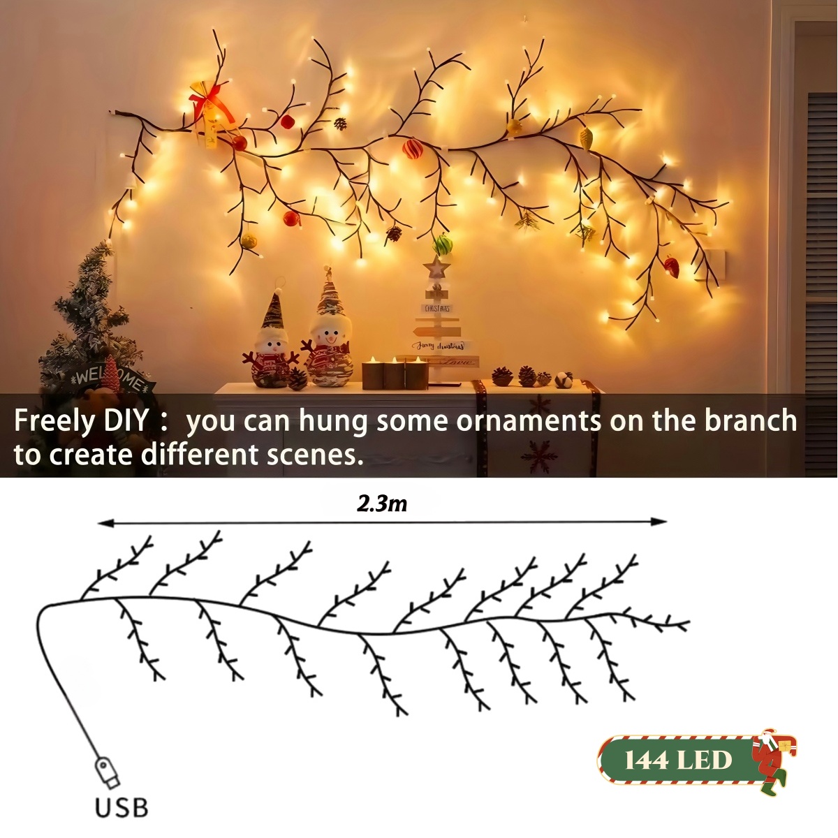 8 modes LED Branch Vine Lamp 144 leds Wall Light USB Holiday Decoration Tree Lamp Bedroom Light