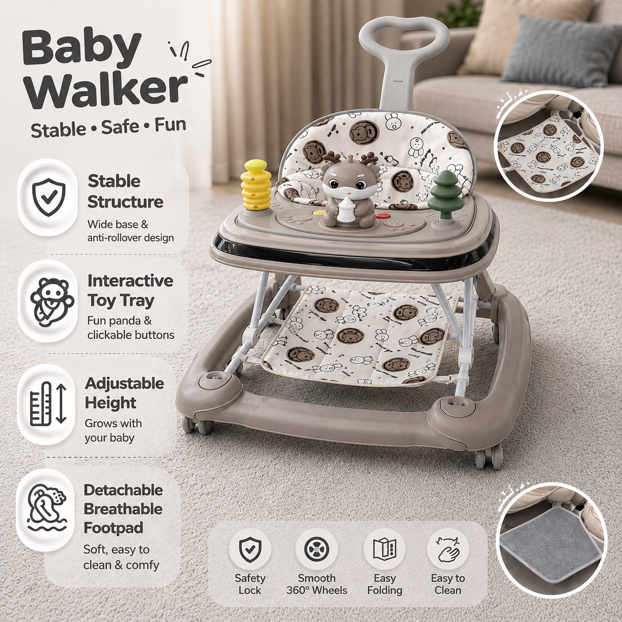 Beige baby walker for girl baby boy One-touch folding 3-level adjustment for the body 4-level adjustment for the seat cushion with light and musicand foot pads