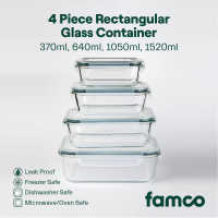 Famco 4-Piece Thick Glass Food Container Set Microwave Meal Prep Rectangular Storage w/ Vent Lid