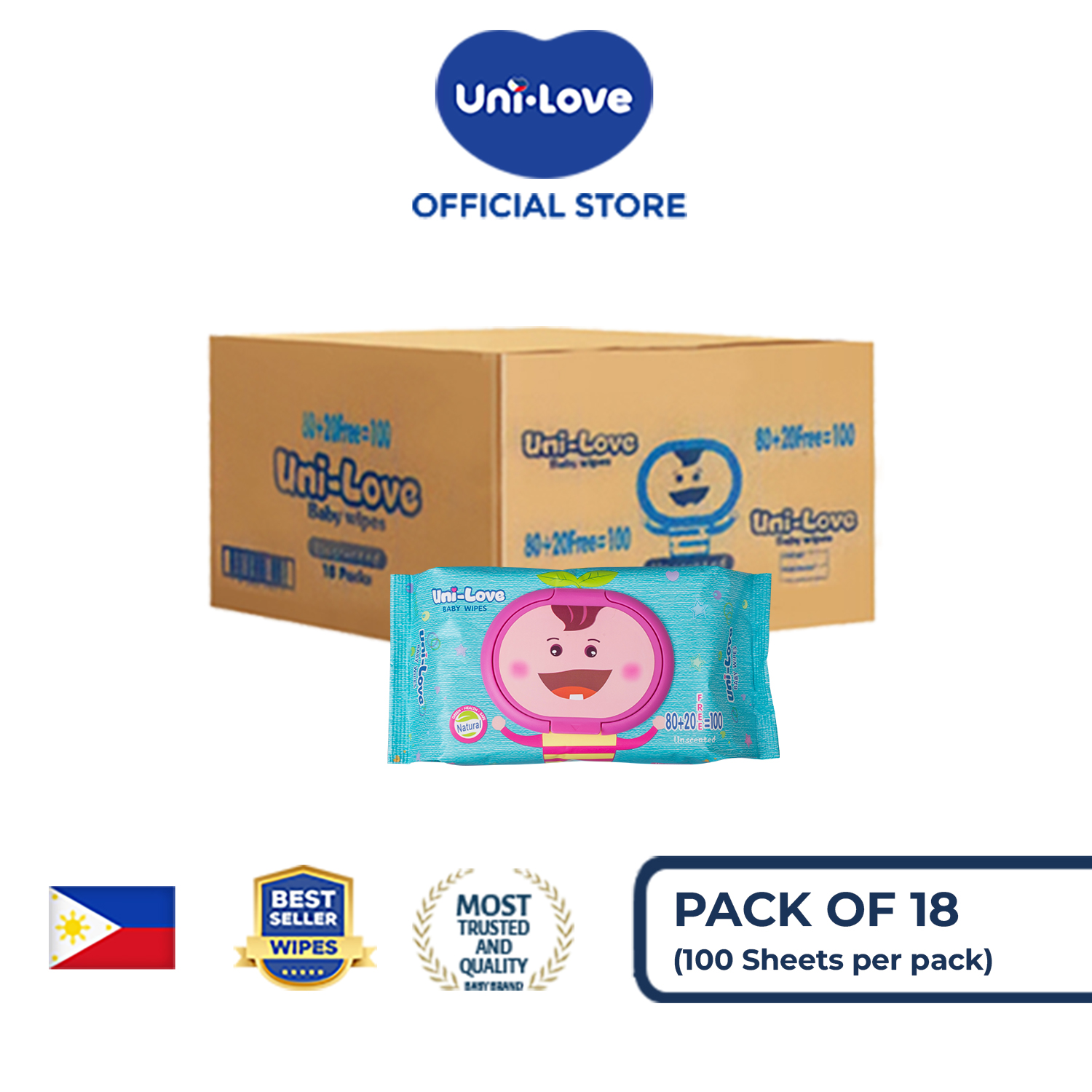 UniLove Unscented Baby Wipes 100s Pack of 18 (1 Case) - 99% Water| Hypoallergenic | Alcohol Free | No harmful chemicals | with Aloe Vera | Safe & Gentle | FDA Approved