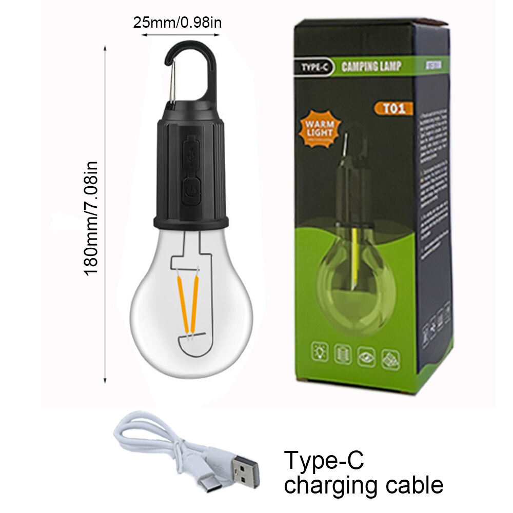 Solar/USB Outdoor Camping light Led Retro Lighting bulb solar camping lantern portable waterproof Tent camp lamp Type-C rechargeble 2 charging modes 3 Lighting modes Tungsten Light Tent Lamp with Clip Hook Emergency work light hiking camping set equipment