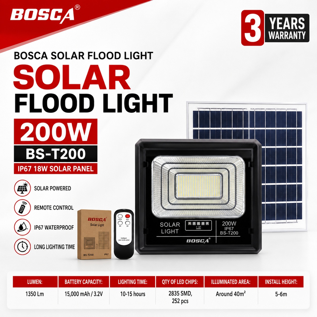 BOSCA 3 Year Warranty 200W Solar Led Outdoor Flood Light Street Lamp IP67 Waterproof With Remote BS-T