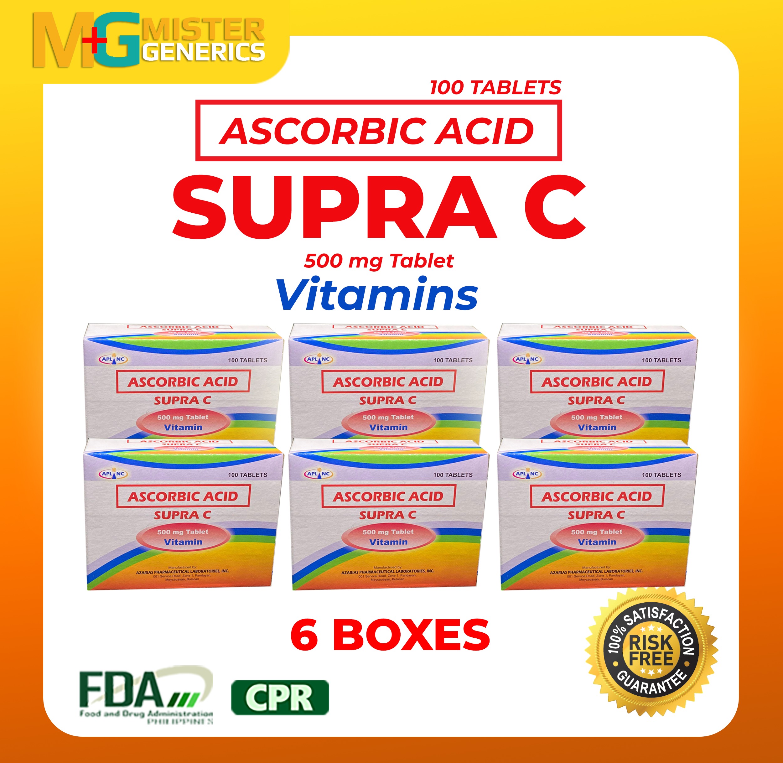 ASCORBIC ACID VITAMIN C SUPRA C 500MG 100 TABLETS 6 BOXES