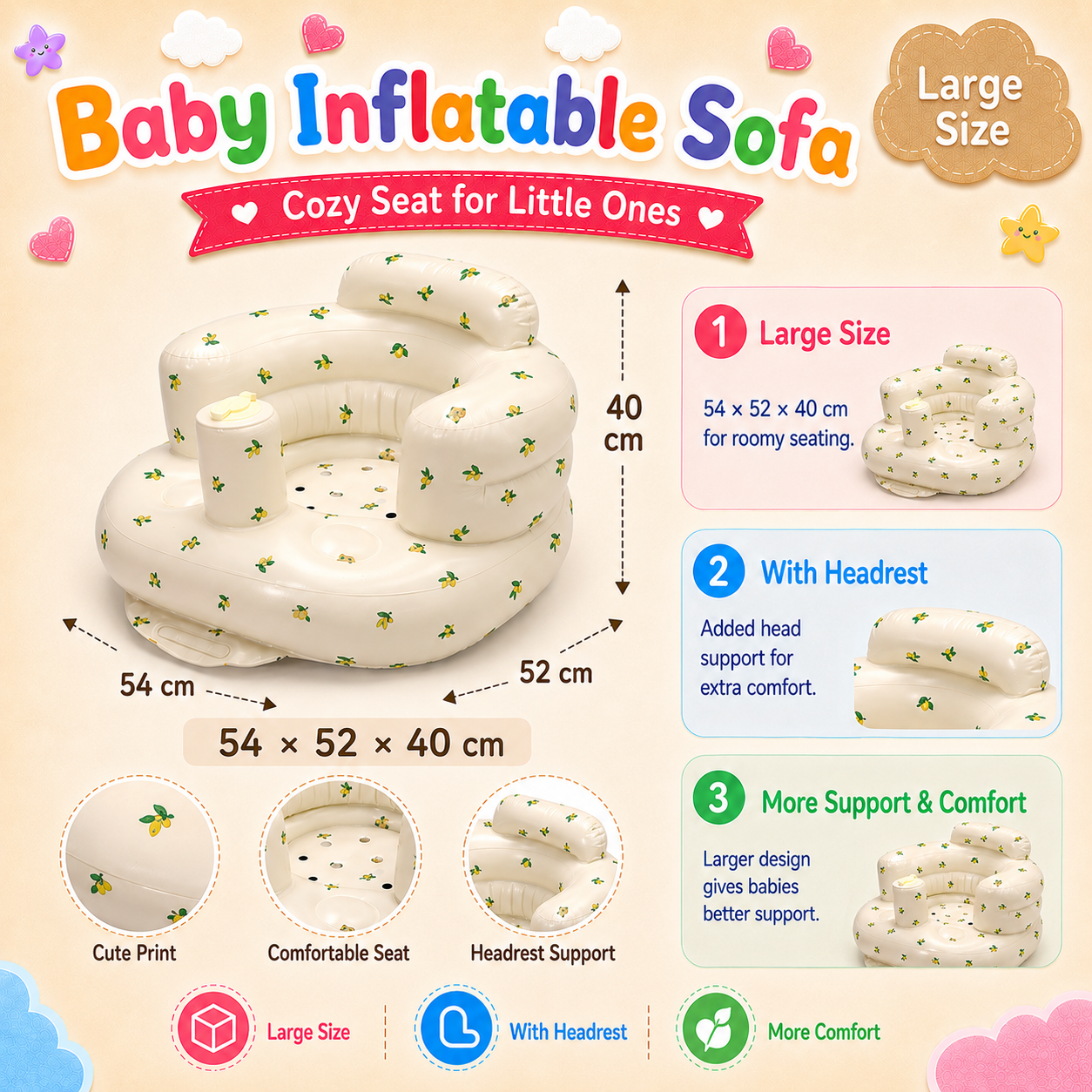 PlayPark Portable Inflatable Baby Chair with Air Pump Baby Sofa Seat Training Feeding Seat Thickened PVC Easy Clean Foldable for 4-36 Months