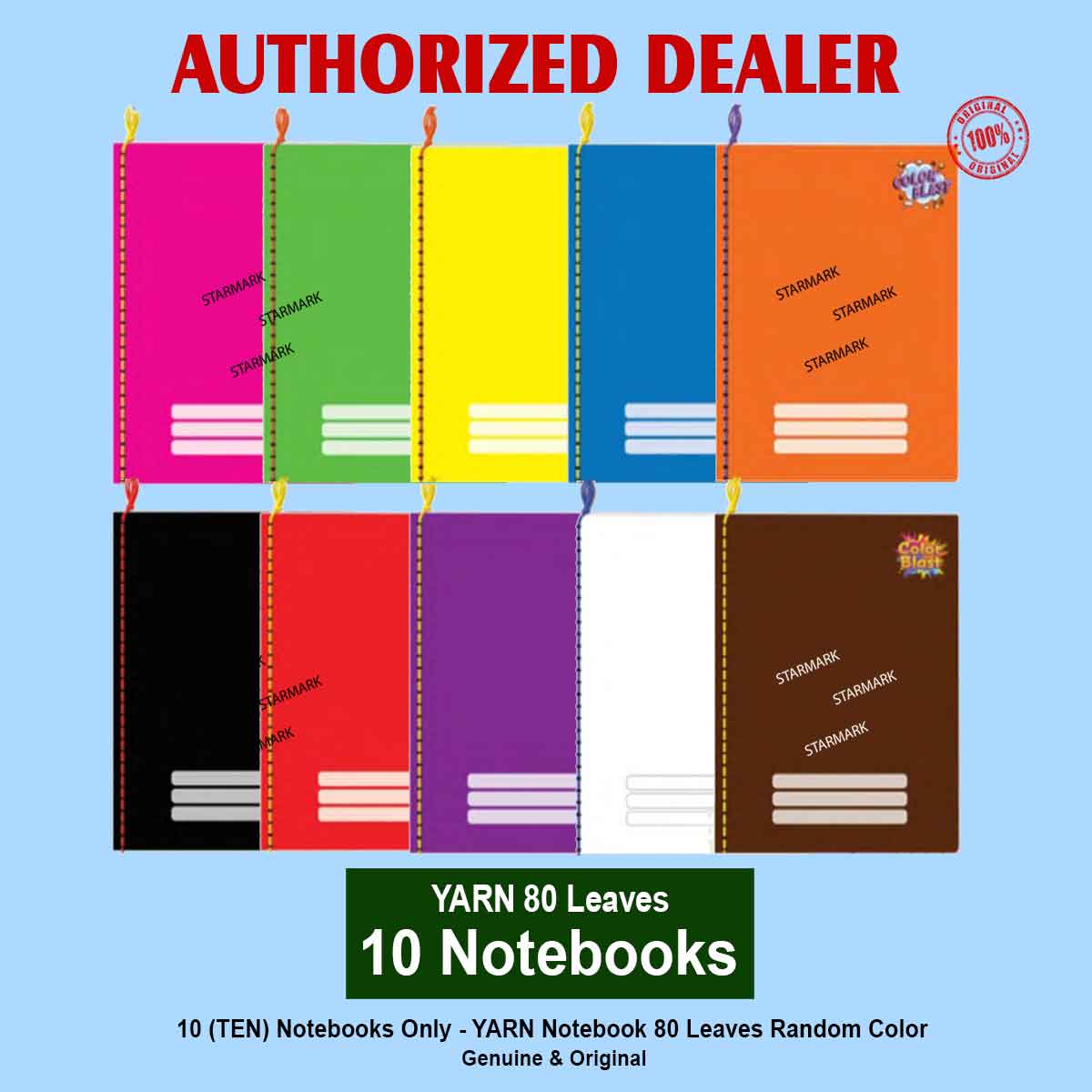 YARN Notebook Notebooks 80 leaves YARN Color Coding Color Blast Note Book Note Books Random Colors Authentic Starmark Enterprises - 10 Notebooks