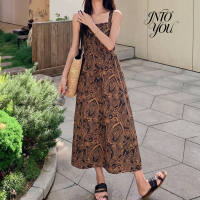 Boho Retro Brown Paisley Sleeveless Slip Midi Dress Loose Fit Daily Vacation Sundress