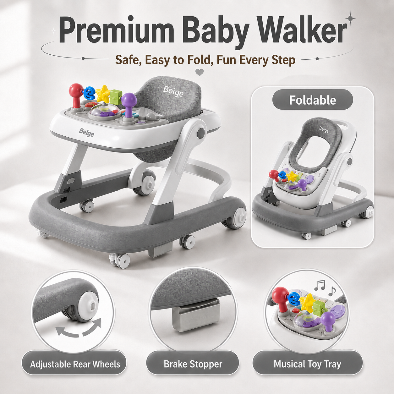 Beige Baby Walker Anti-Rollover For Infant 6-18 Months Adjustable Height Foldable Toddler Learning Walk Cart With Music Light Silent Wheels For Baby Boy Girl