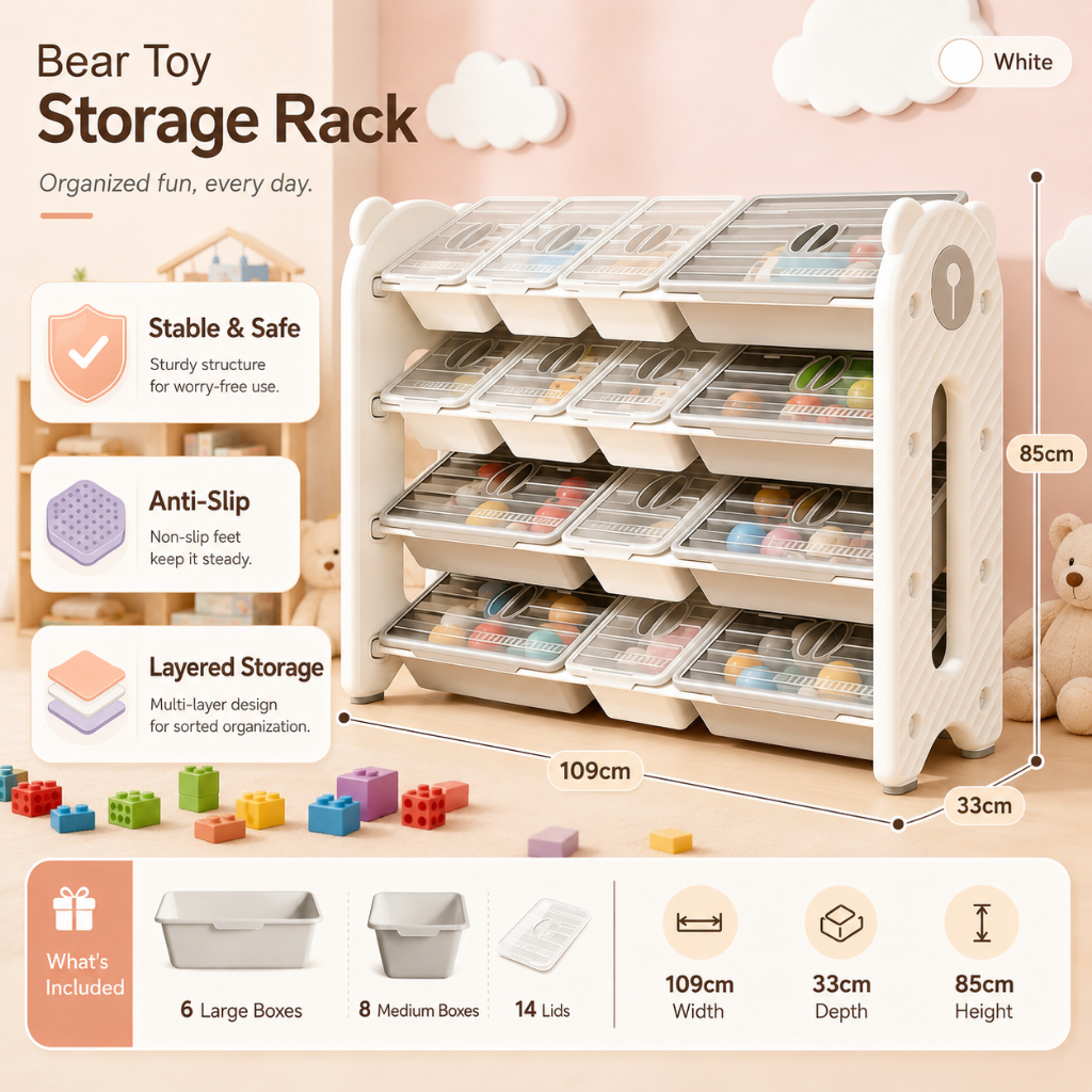 PlayPark Kids Toy Storage Rack Playroom Organizer with Dustproof Cover Bookshelf Multi Tier Shelf for Toys Books
