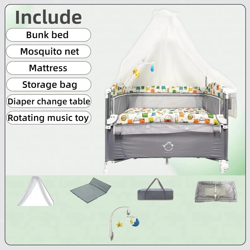 Foldable Baby Crib and Playpen 2 layer (with mosquito net storage bag hanging toys storage basket) Baby Bed Crib Toddler Portable Travel Cot