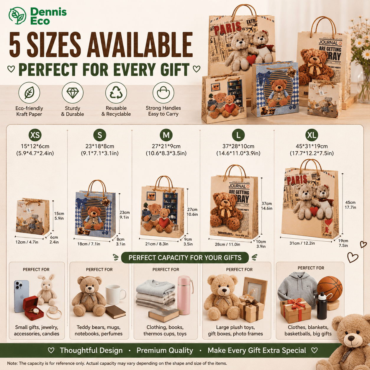Premium Teddy Bear Kraft Paper Bags with Handles – Decorative Gift Packaging Bags for Baby Shower Wedding Party Birthday & Retail Gifts
