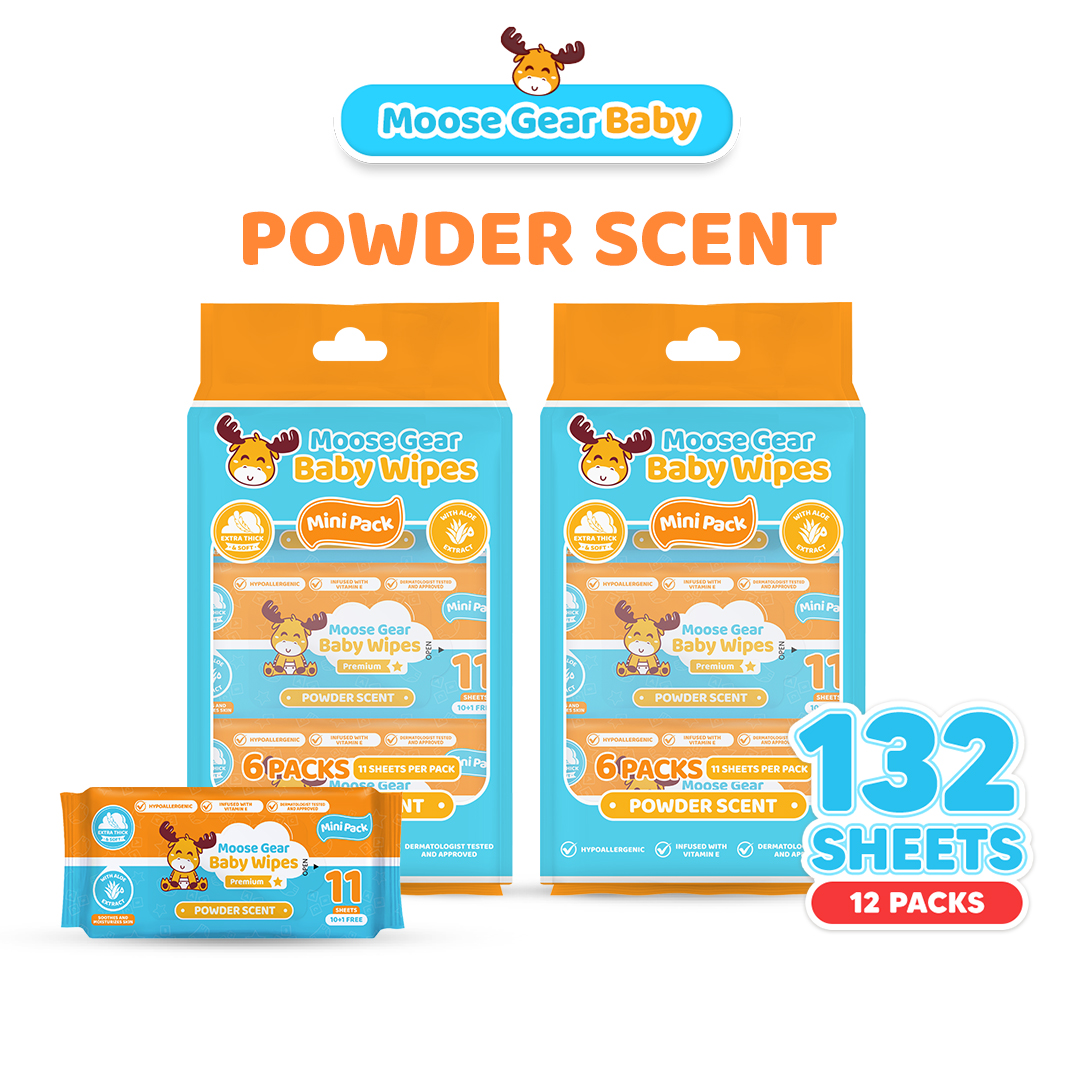 Moose Gear Baby Mini Wipes Premium Powder Scent 12PACKS (11s per pack) Extract Thick & Soft