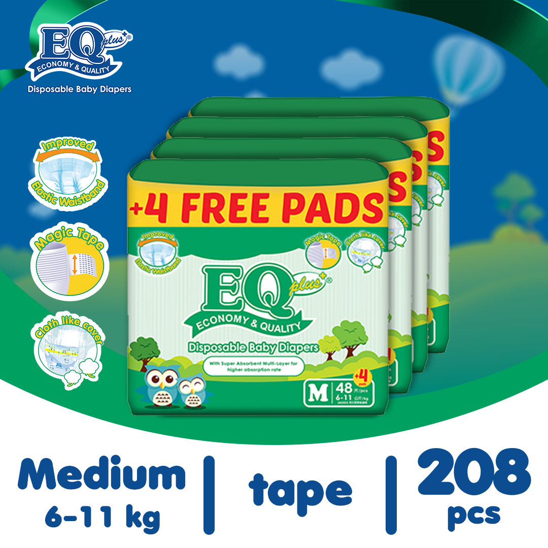 EQ Plus Jumbo Pack Medium (6-11 kg) - 52 pcs x 4 packs (208 pcs) - Tape Diaper