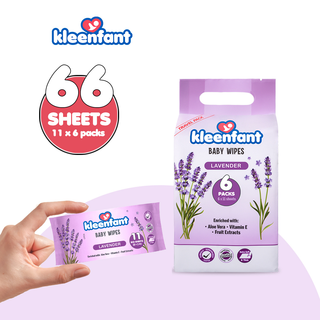 Kleenfant Baby Wipes Lavender Scent Travel Pack 11 sheets Mini Wipes Collection Pack of 6 Wet Wipes