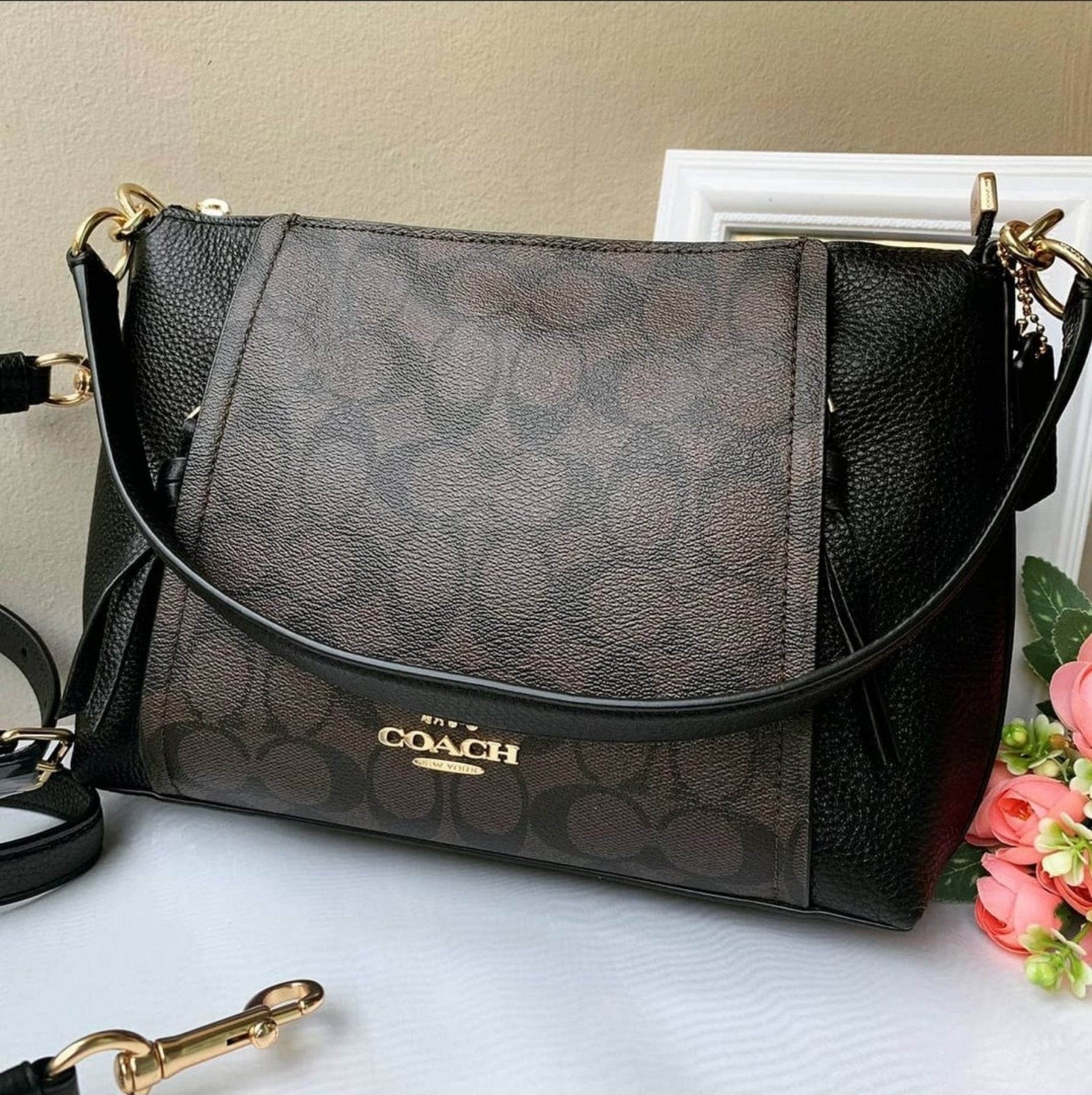 Coach 1600 Small Marlon Shoulder Bag in Brown Signature Coated Canvas and Black Refined Pebble