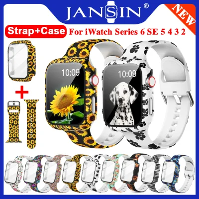 Glass Case+Printed Pattern Strap Compatible with Apple Watch Band 40mm 38mm 42mm 44mm Strap Sport Band Soft Silicone Replacement Bracelet Compatible with Apple Watch Series 6 SE 5 4 3 2 1 Band