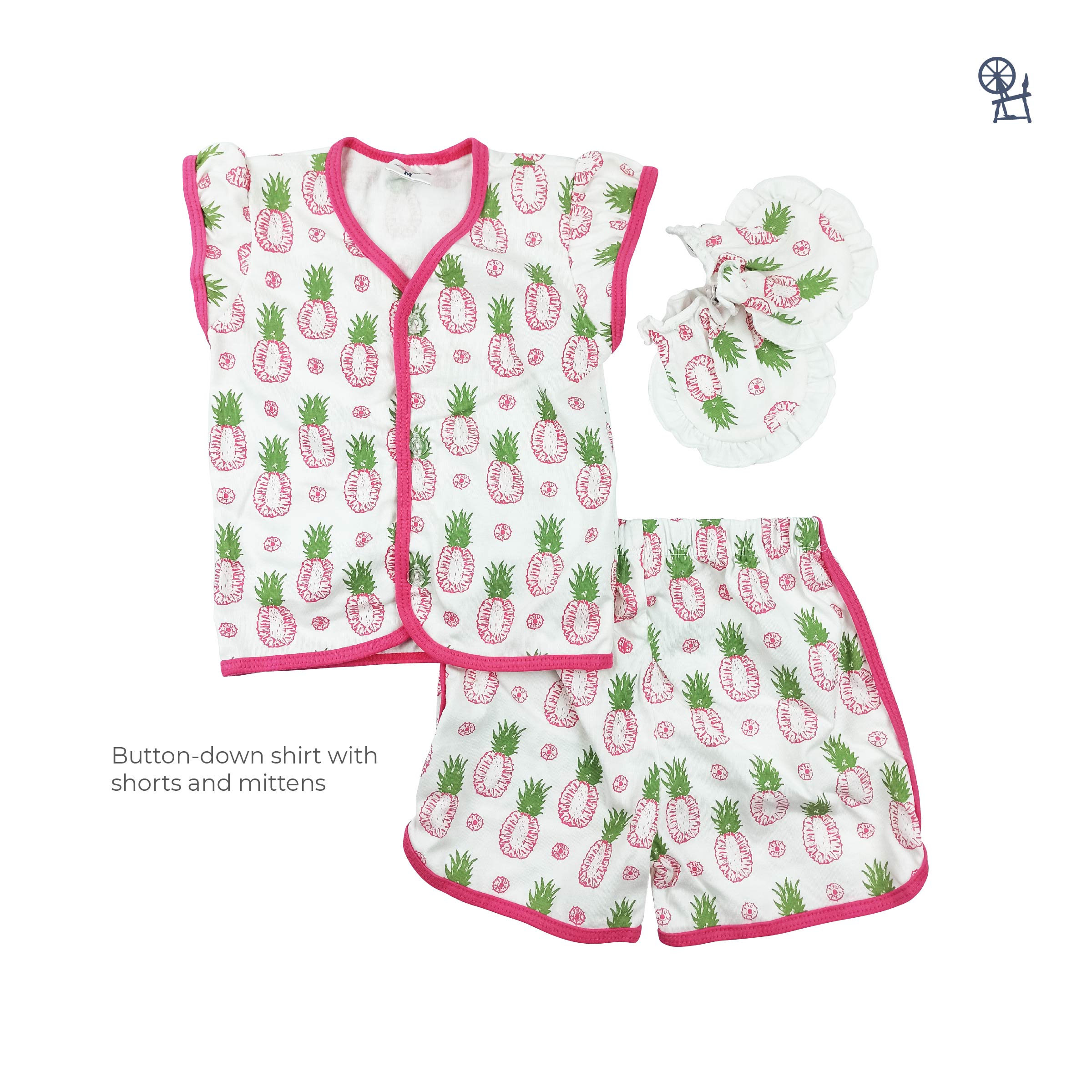 Looms Newborn Baby Girl Buttondown Shirt and Shorts Terno with Mittens