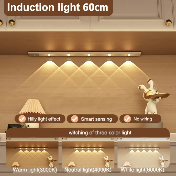 20/40/60CM 3-Color Motion Sensor Led Light Strip Rechargeabe Night Light Bedroom Kitchen