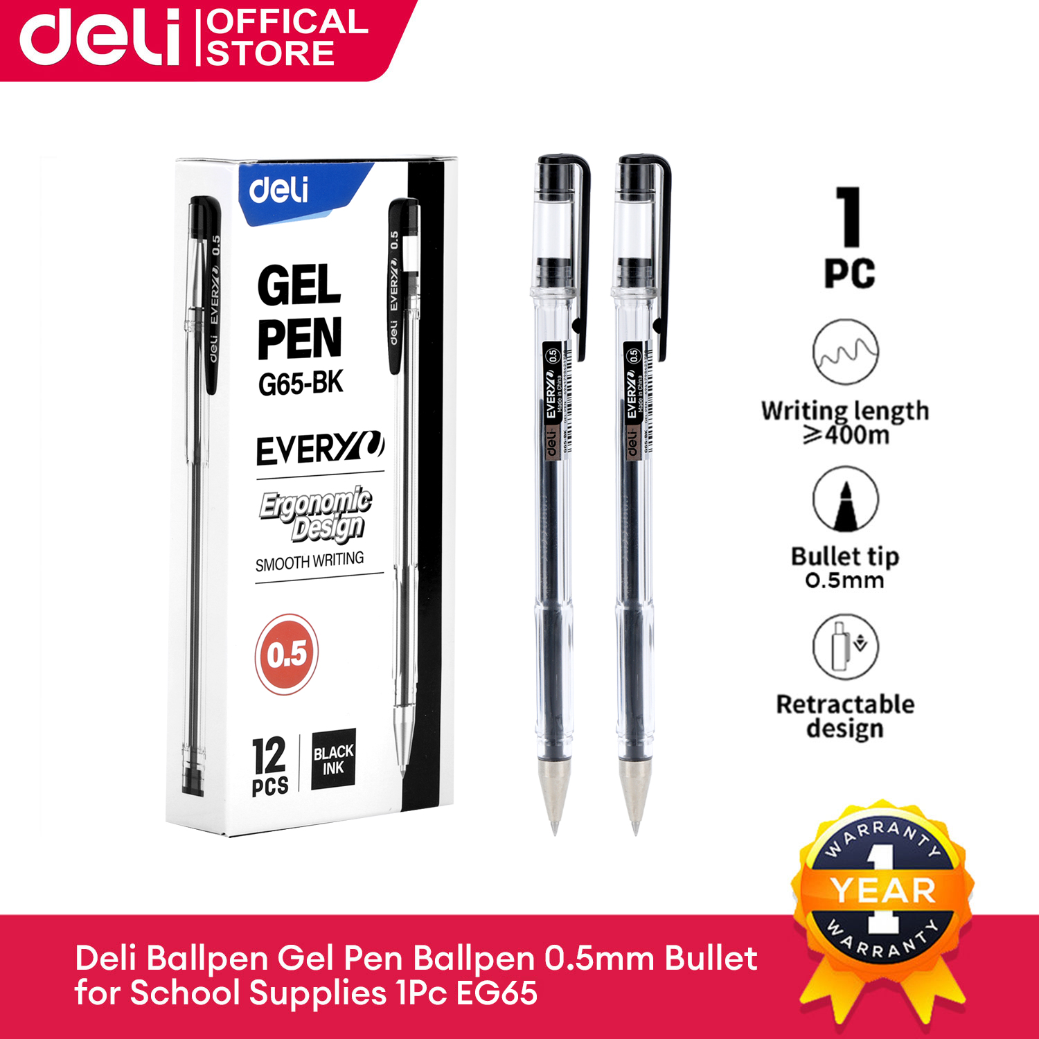 Deli 0.35mm Press ballpen Quick-drying Financial Gel Pen Full Needle Tube EG130-BK 1Pc