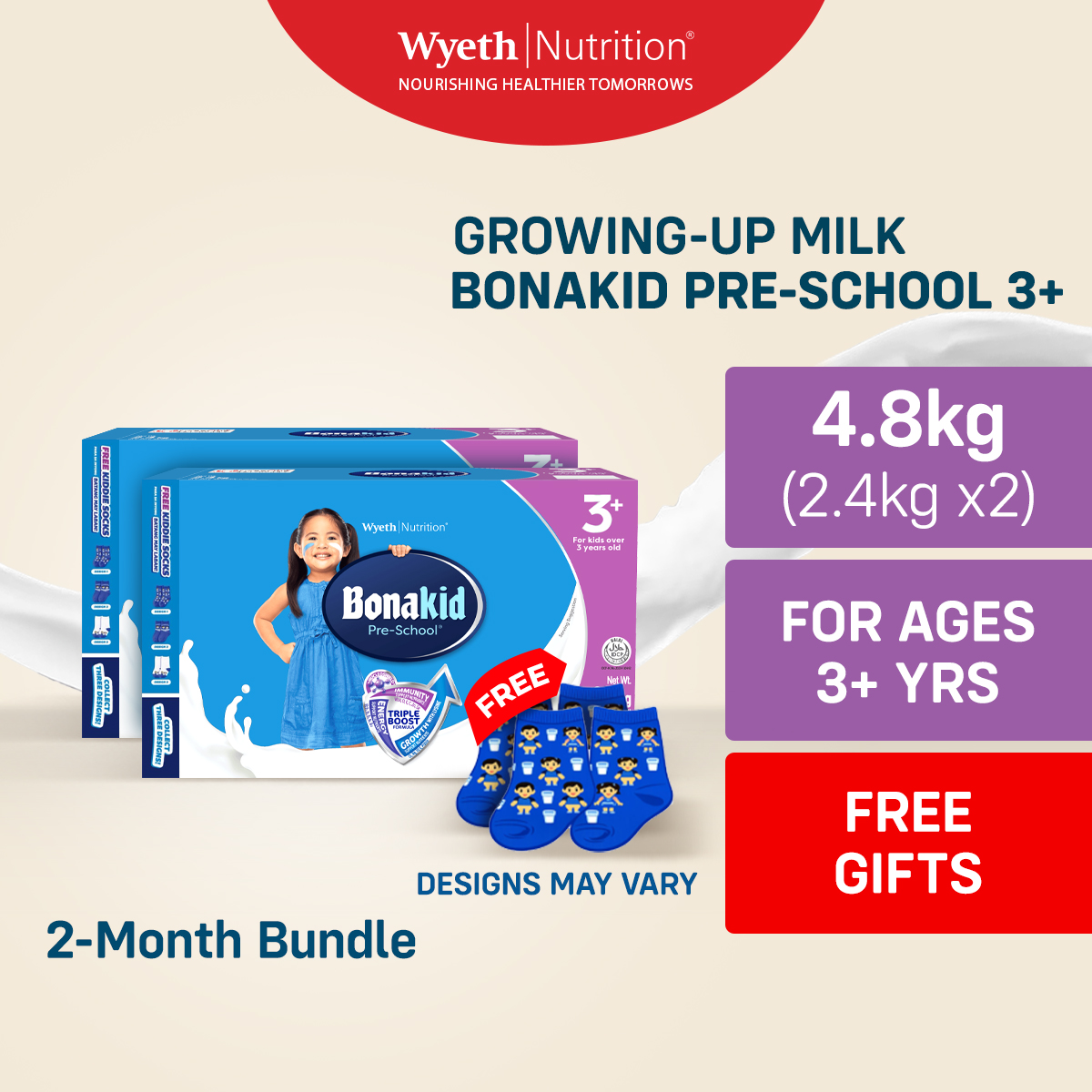 BONAKID PRE-SCHOOL 3+ Growing-Up Milk Powder for 3+ Years Old 2.4kg Pack of 2 + FREE 2 Grip Socks