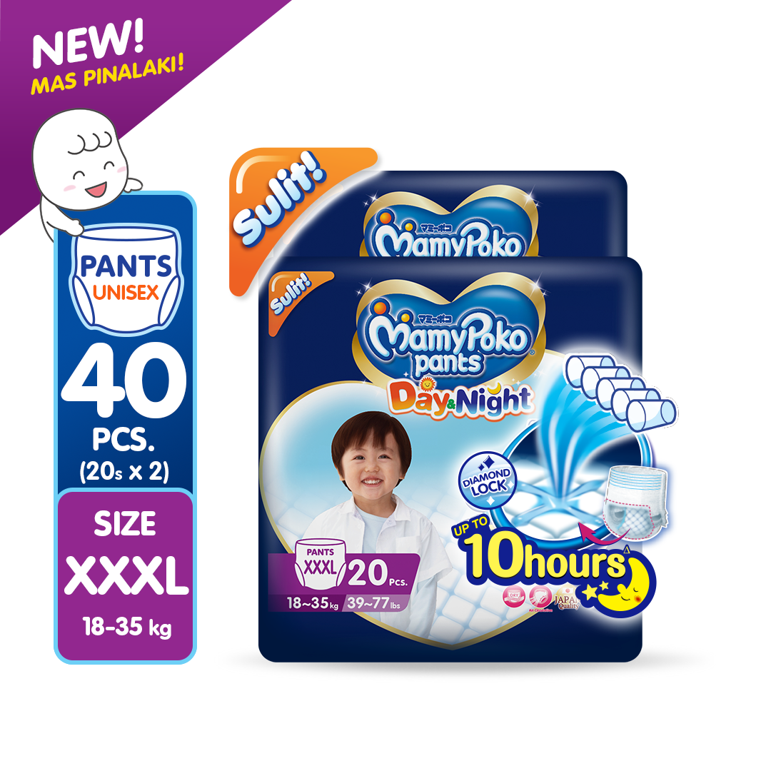 [DUO PACK] MAMYPOKO Day & Night Baby Disposable Pants Diaper - XXXL 20pcs x 2 Packs
