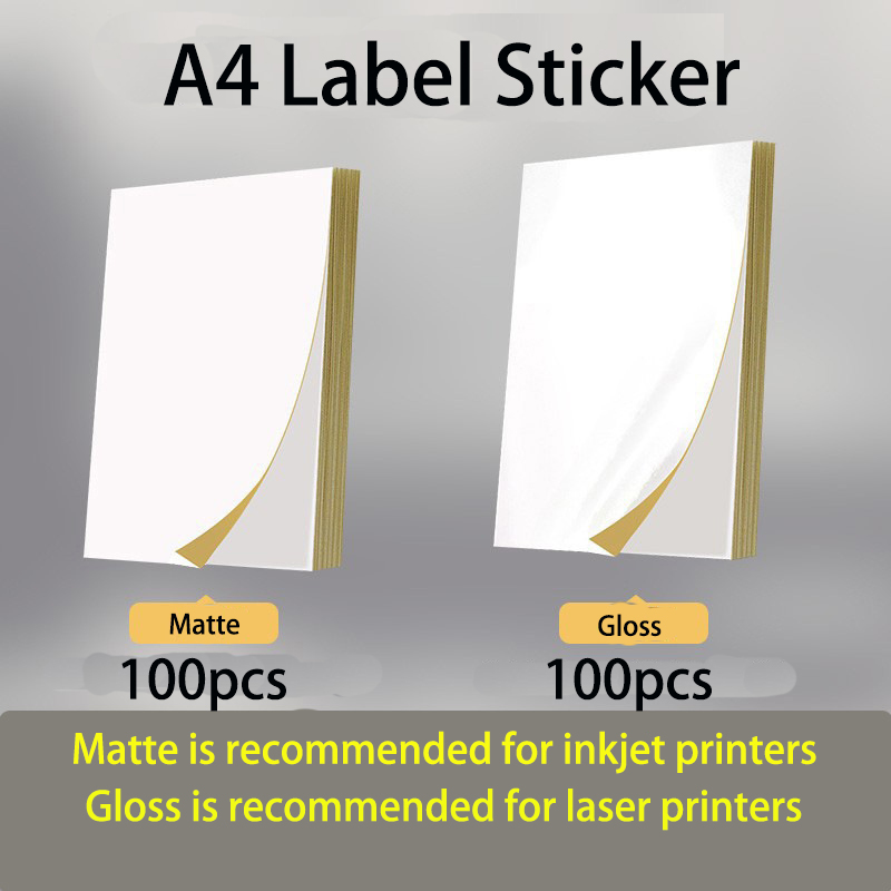 Ready stock！A4 Size Matte Sticker Paper Glossy Sticker Paper for Printing 100pcs Labeling Precut Paper 210*297cm a4 self-adhesive stickers for Laser Printer Matte White Sticker Label Decal Local Shipping