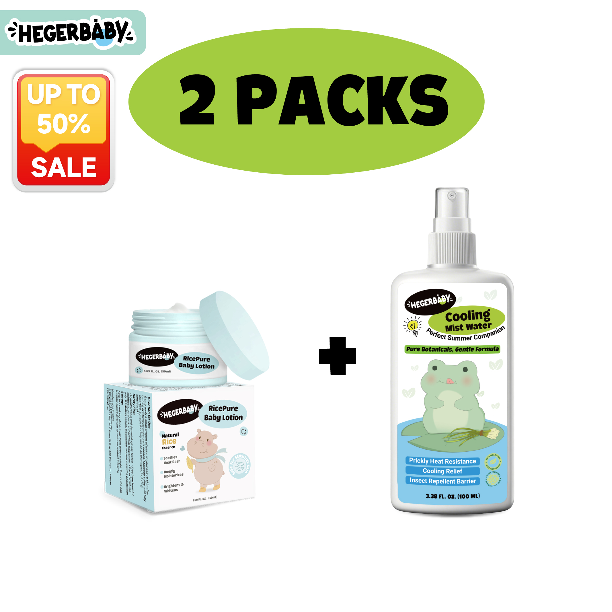 Hegerbaby RicePure Baby Lotion + Prickly Heat Cooling Mist Water - Moisturizing & Repels Mosquitoes