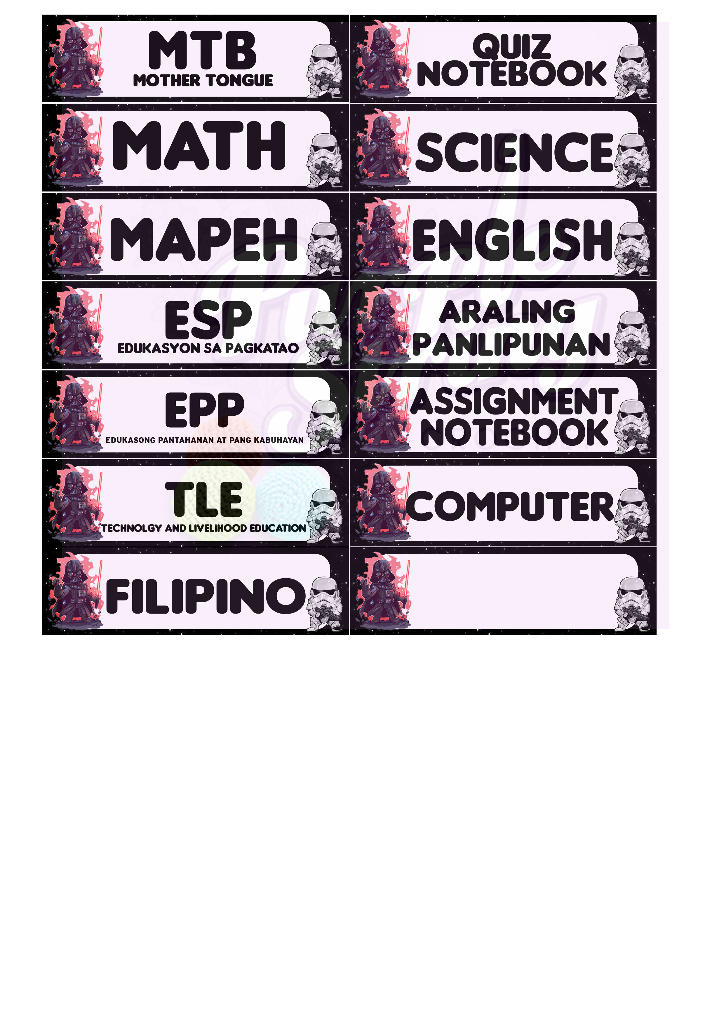 Subject Sticker for Notebooks