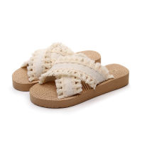 MITATA Womens X-Strap Fringed Lace Lightweight Sandals - Korean-Inspired Style