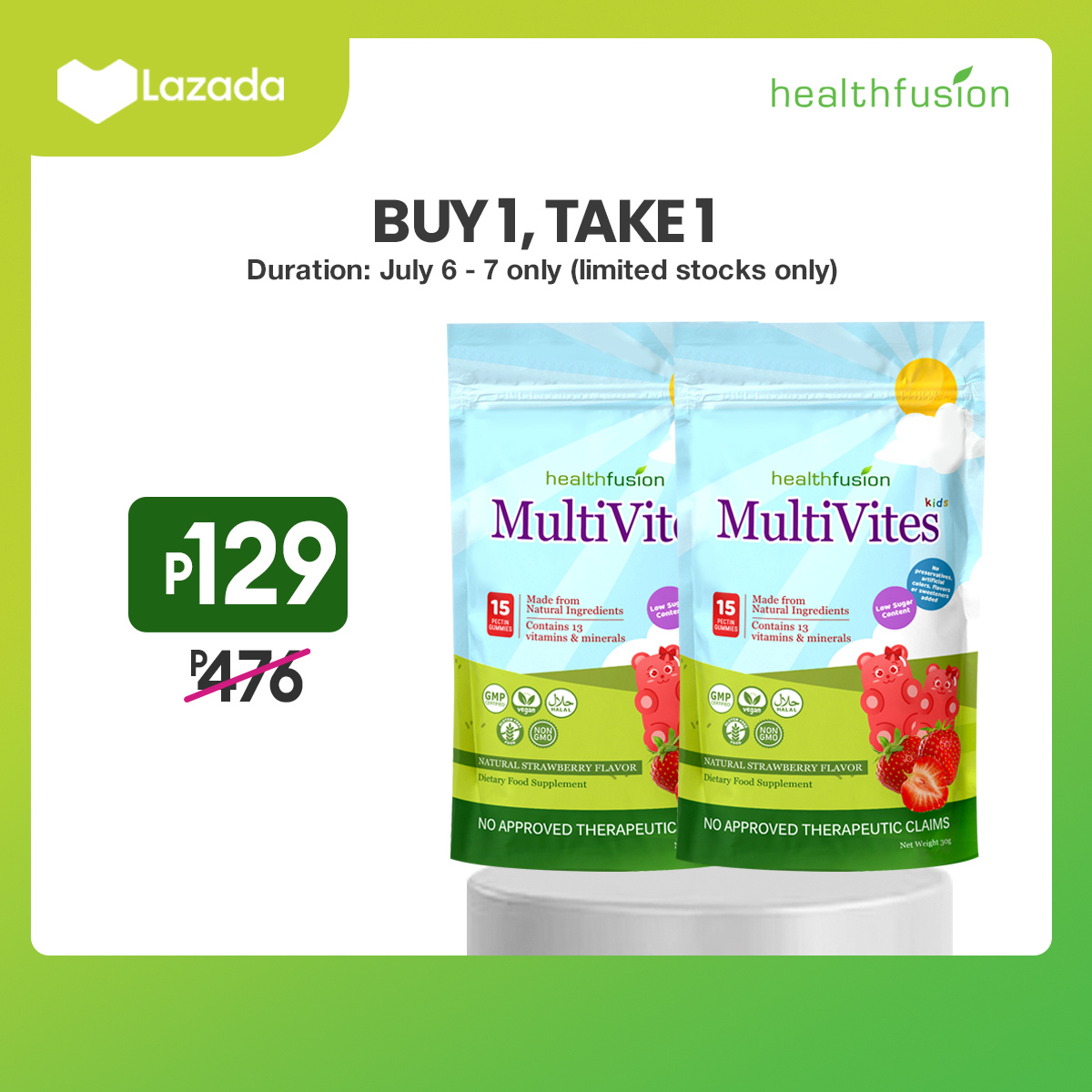 [BUY 1 TAKE 1] Health Fusion Multivites 15 gummies Complete Multivitamins with Vitamin E Zinc Immunity for Kids & Adults Vegan and Gluten-Free