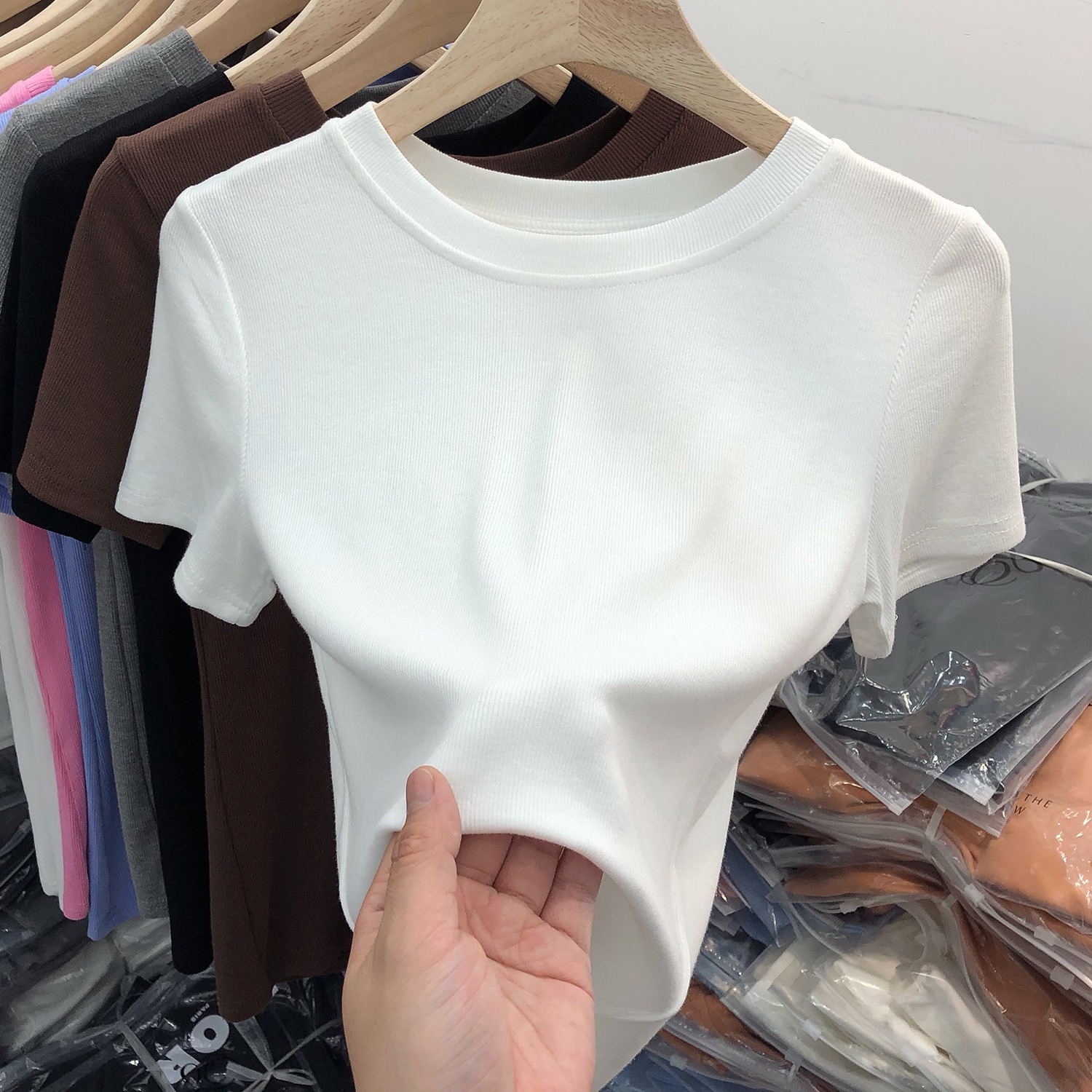 Women's tops Threaded round neck T-Shirt Short-sleeve solid color bottom shirt for women