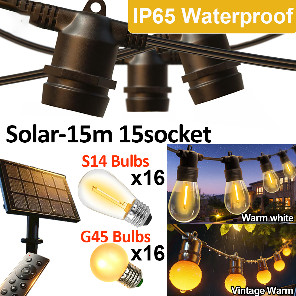 15m/20m Solar String Lights Outdoor Lights Waterproof Hanging Lights S14 G40 LED Solar Powered Patio Fairy Lights for Backyard Camping Christmas Decor Lights