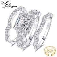 JewelryPalace 3Pcs 925 Sterling Silver Halo Wedding Engagement Ring Set for Women 2.9ct Princess Cut AAAAAA CZ Fashion Jewelry