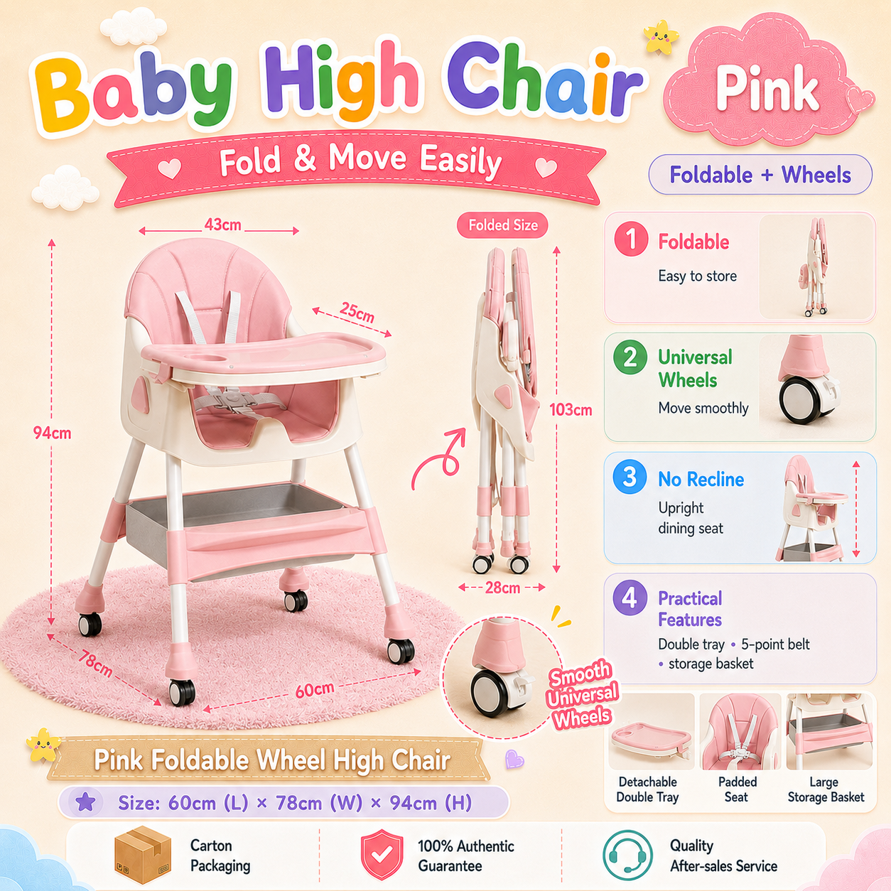 PlayPark Baby High Chair 3 in 1 Foldable Feeding Chair Adjustable Baby Dining Chair with Tray Wheels Plate for Toddlers