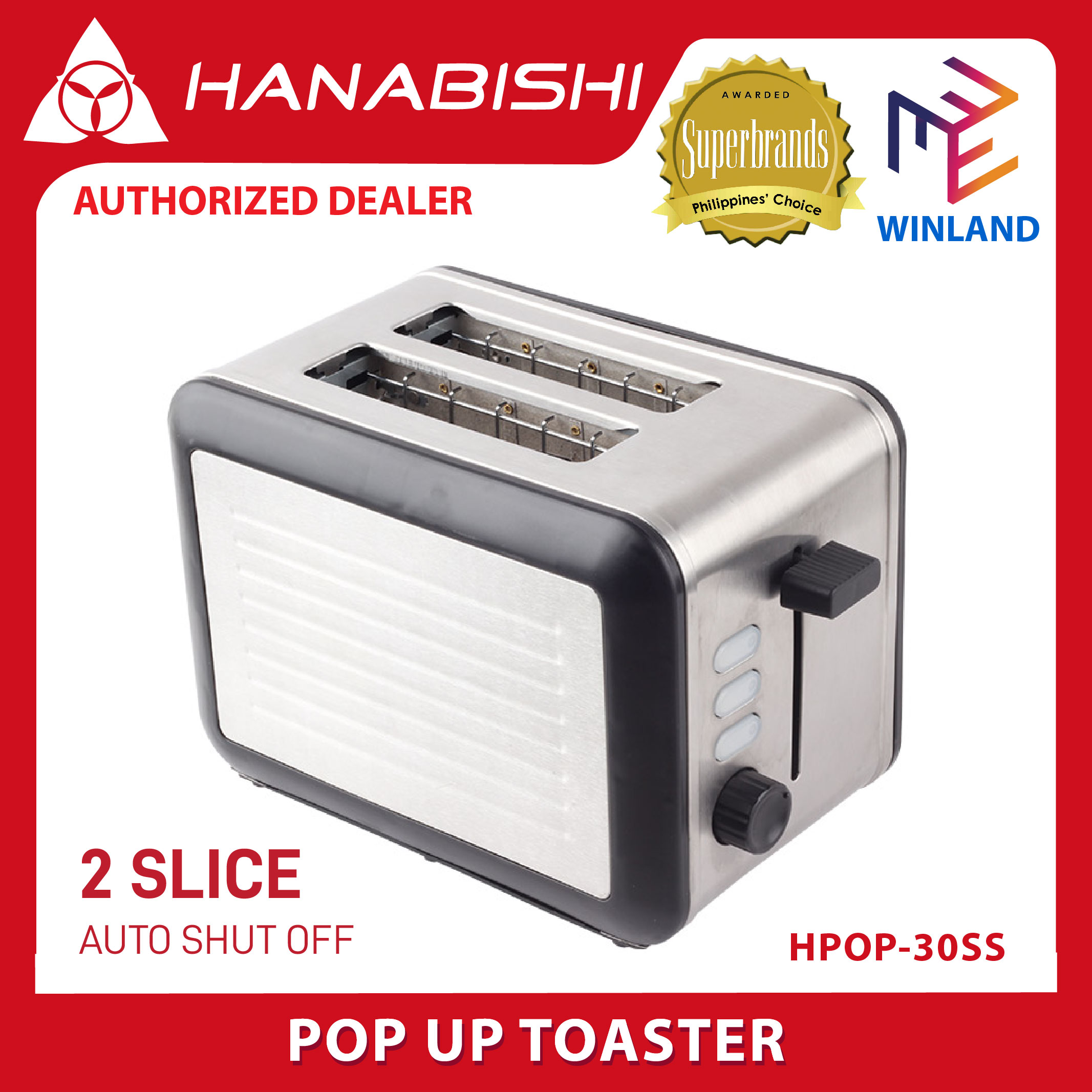 Hanabishi Original 2 Slice Pop Up Bread Toaster HPOP30SS HPOP30SS