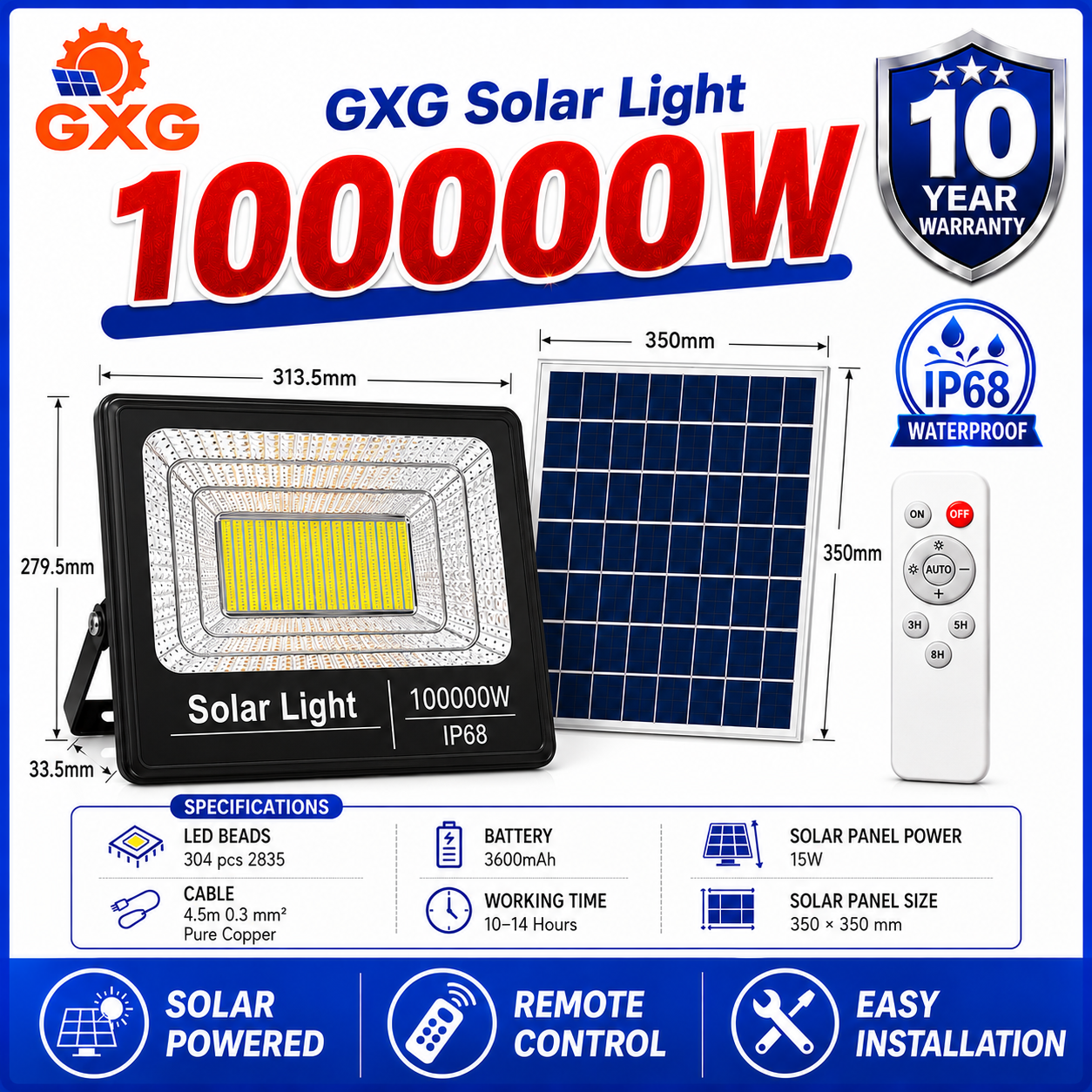 GXG 100000W Solar Light Outdoor Waterproof IP68 Solar Flood Lights LED Lamp Street Light Indoor with Remote Control