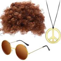 Ready Stock 3Pcs Hippie Wig Sunglasses Necklace Set for Men Retro Hip Hop Costume Kit Gold Disco Sunglasses Disco Costume Accessories Men 70s current
