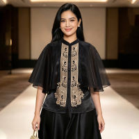 Amyenjoylife Filipiniana Lace Blouse Stand-Up Collar Openwork Pearl-Embellished Lace Blouse For Women Bolero Filipiniana Modern FilipiñIana Attire For Women