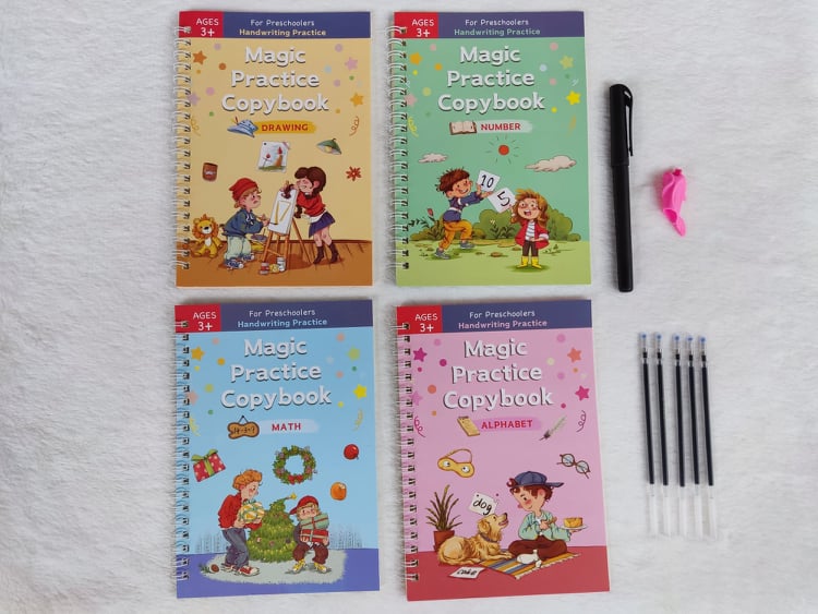 Reusable 4Books Children Learning Copybook Handwrite Practice Magic Books English Letter Montessori Practice Educational