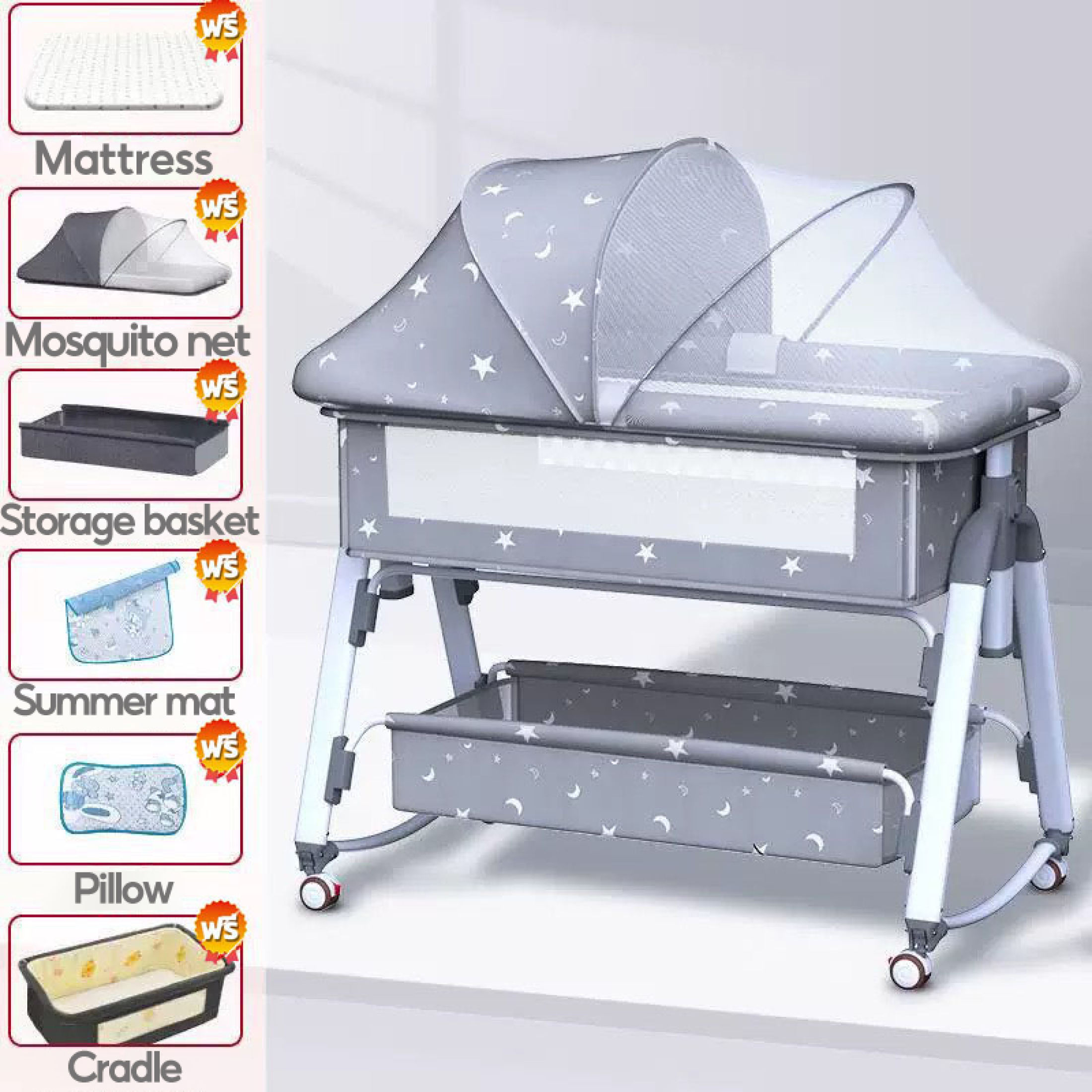 Adjustable 3-in-1 Baby Crib with Mosquito Net Storage Basket and Universal Wheels for 0-3 Years High Quality Nursery Bed