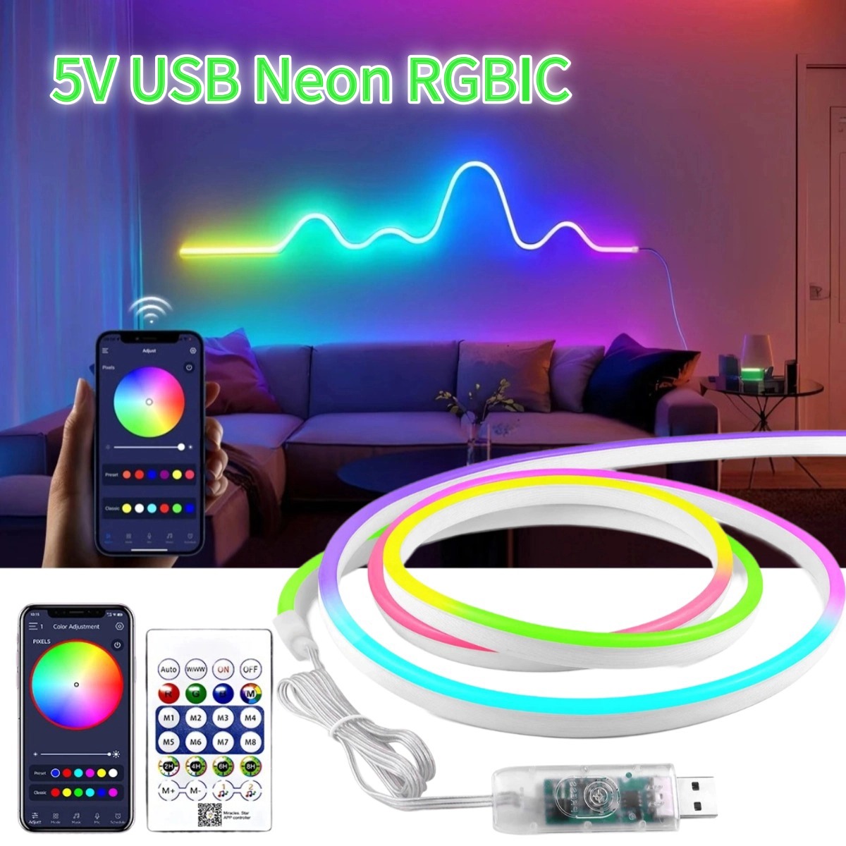 AceDeal [Support Lalamove Bulk Orders] 5V Neon RGBIC Strip Smart Bluetooth APP Change Color Remote Control Dimmable Outdoor Waterproof Flexible Neon Light Strip Dynamic Running Flow Home Game Room Xmas Decoration