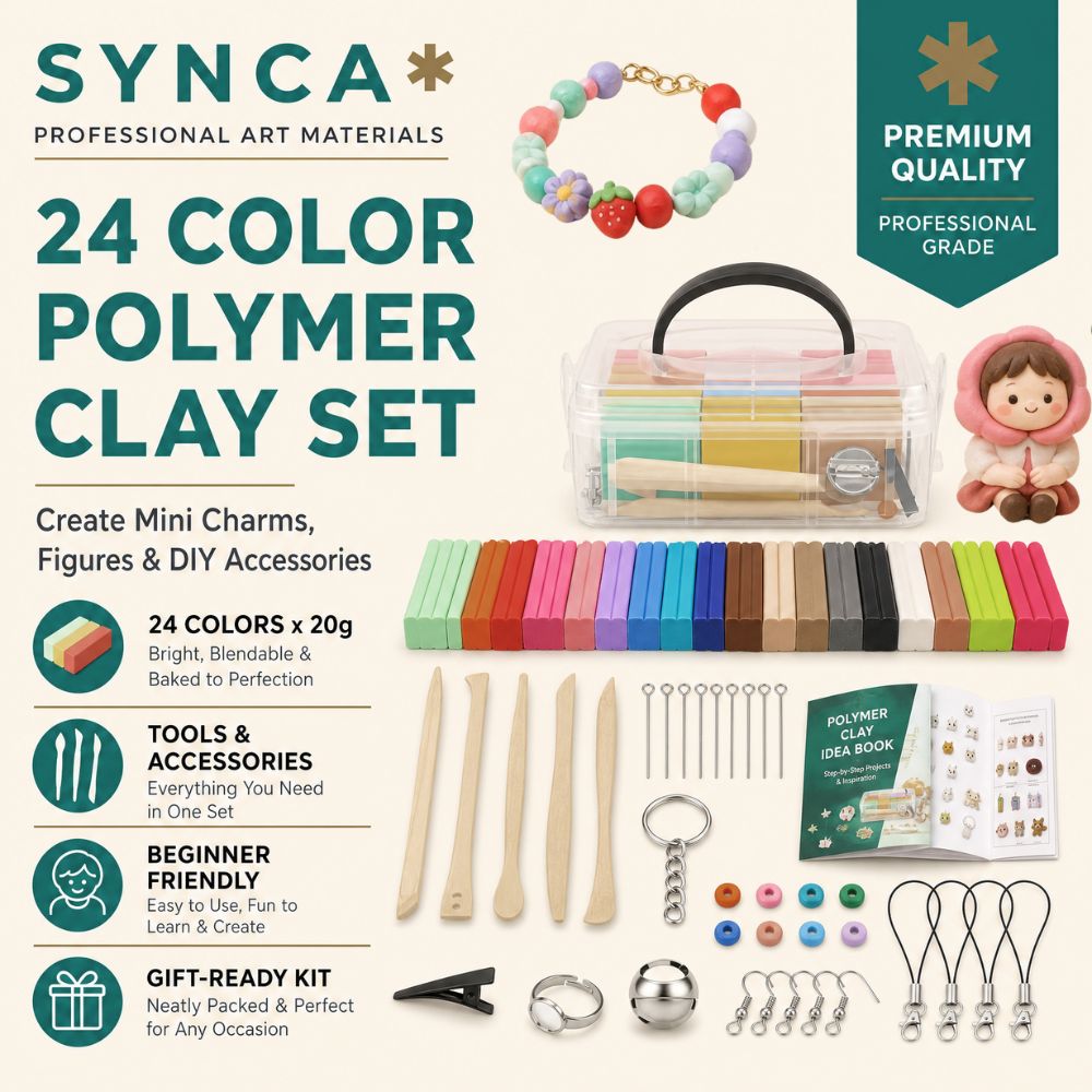 SYNCA 24-Color Polymer Clay Set with Tools & Accessories | 20g Bars | Oven Bake Modeling Clay Kit for Jewelry Charms & DIY Crafts
