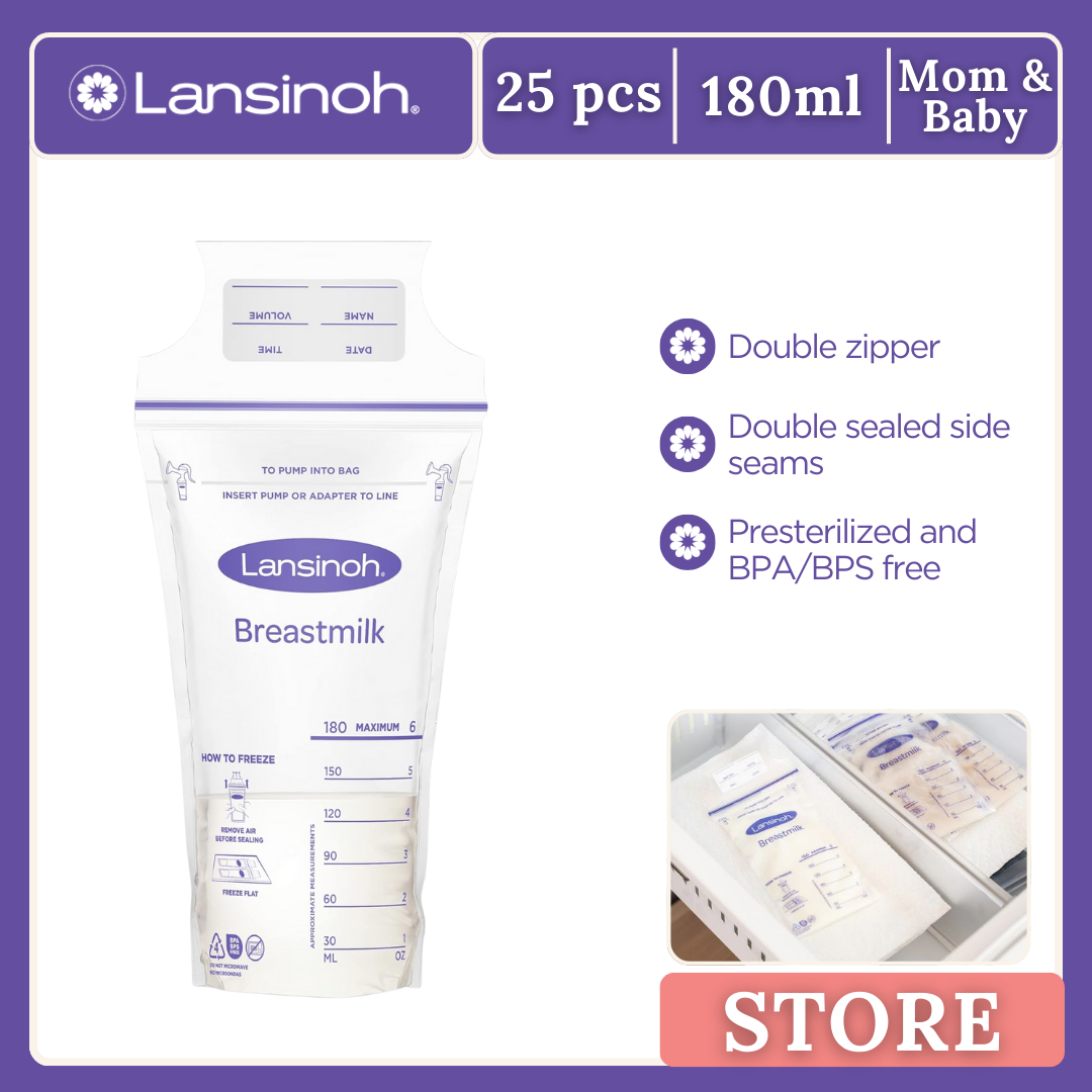 Lansinoh Presterilized Hygienically Doubled-Sealed for Refrigeration and Freezing Breastmilk Storage Bags 25pcs Ziplock 6oz BPA-free Leak Proof 180ml