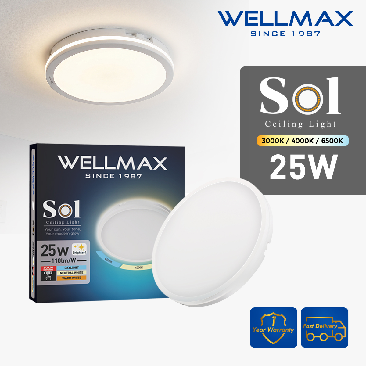 WELLMAX Ceiling Light Tricolor Moisture-proof Insect-proof and Dust-proof 2750LM 100-240V