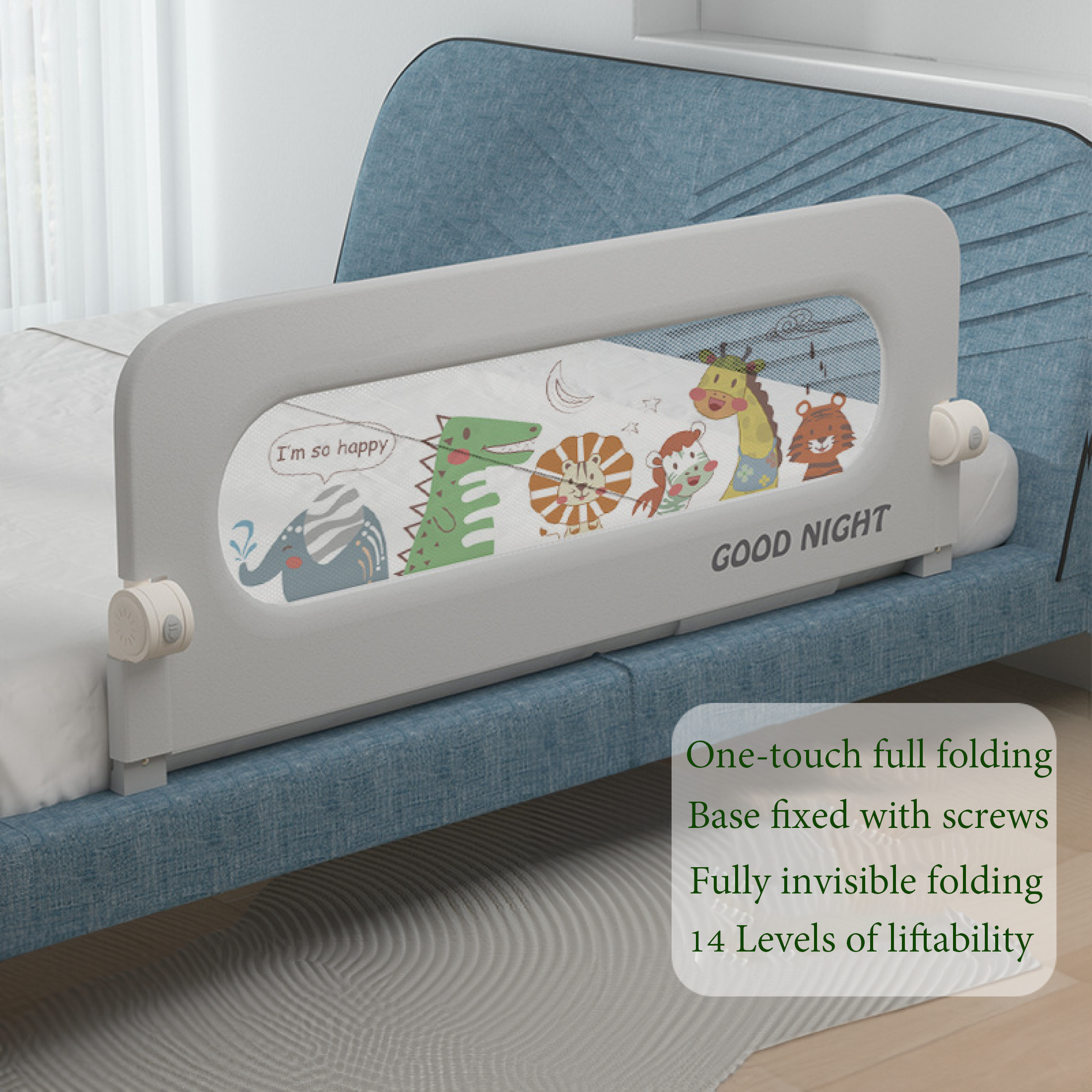Baby Adjustable Height Foldable Bed Rail Guard Safety Bedside Protector with Breathable Mesh Anti-Formaldehyde Materials