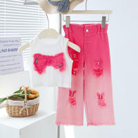 Girls Terno Outfit Butterfly Crop Top And Gradient Ripped Jeans Set For Kids Girl 2-10Y